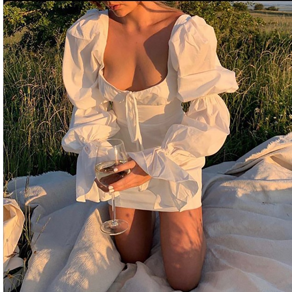 Puff Long Sleeve Mini White Dress - Picture 3 of 16